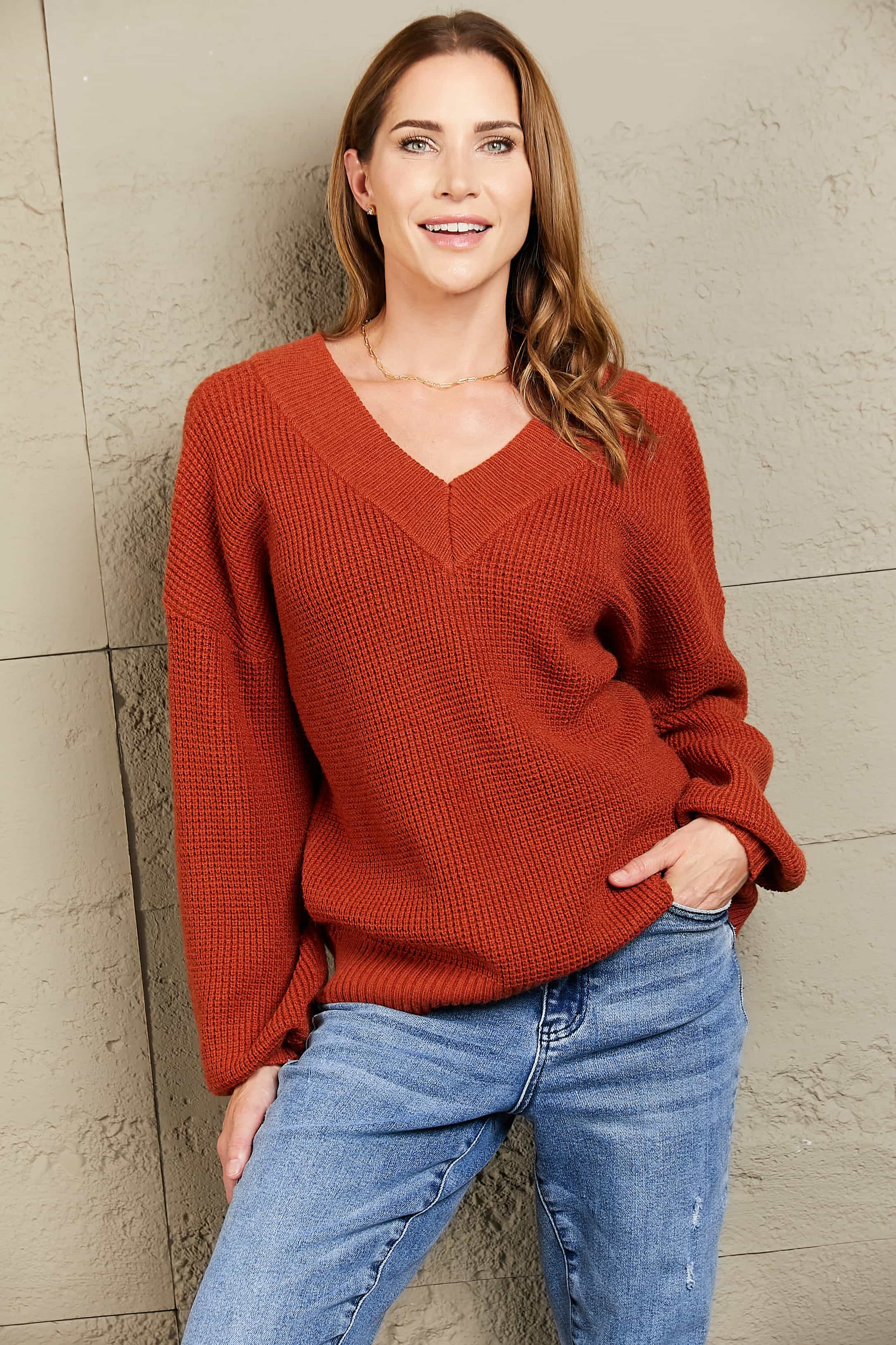 Woven Right Rib-Knit Drop Shoulder V-Neck Sweater
